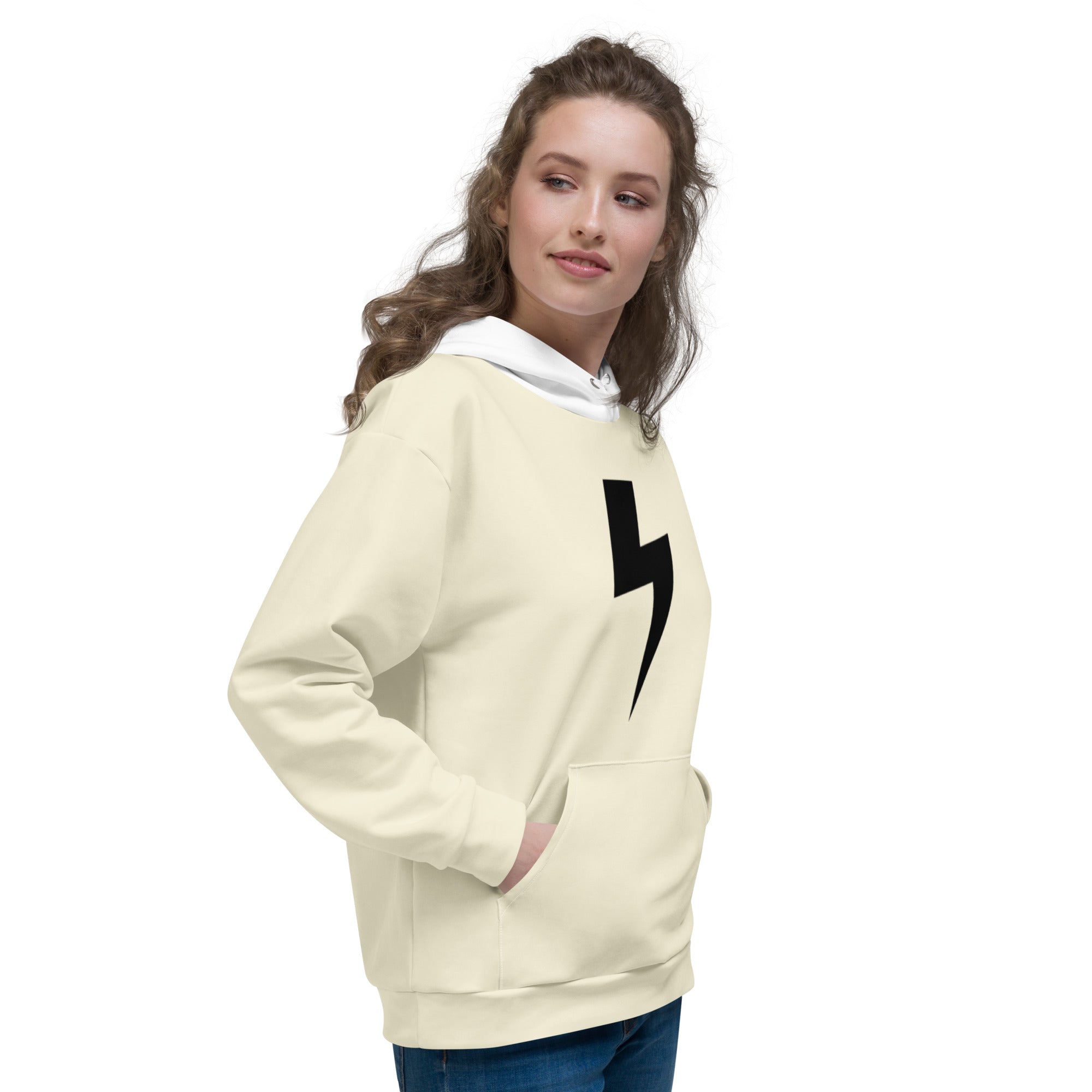 Sustainable fleece hoodie with EXUBERANT logo and lightning bolt design
