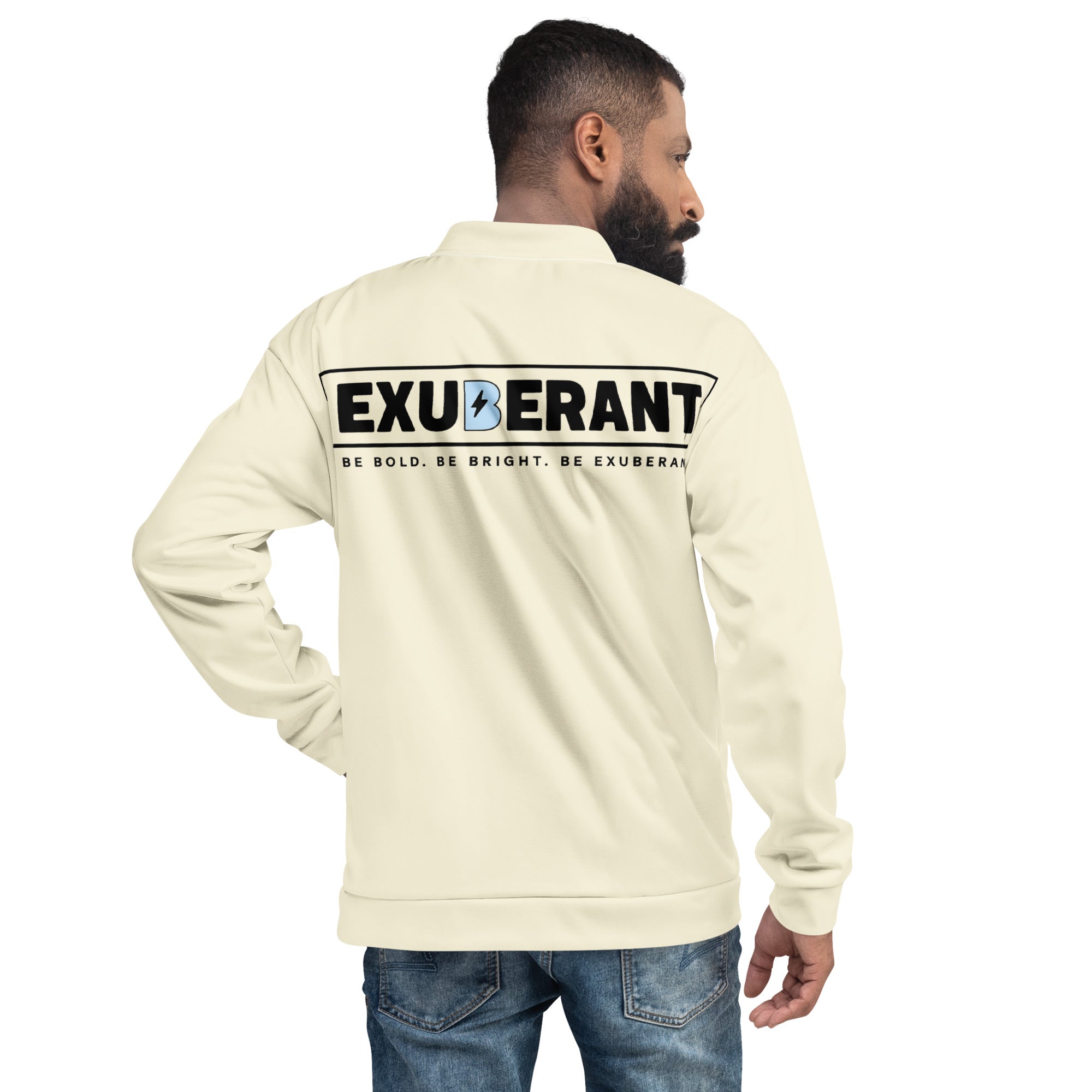 EXUBERANT Minimalist Logo Bomber Jacket with lightning bolt emblem and bold back print
