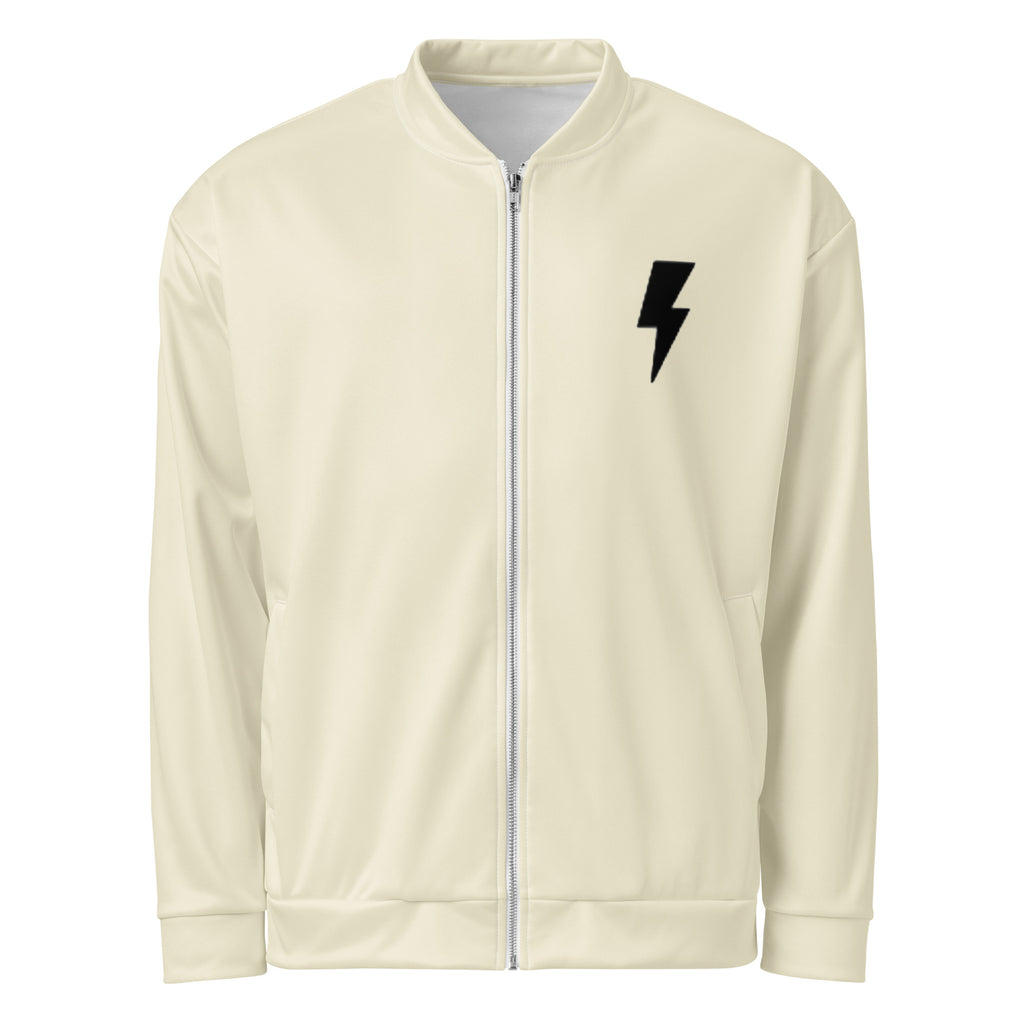 Modern minimalist bomber jacket with bold branding and lightning bolt detail
