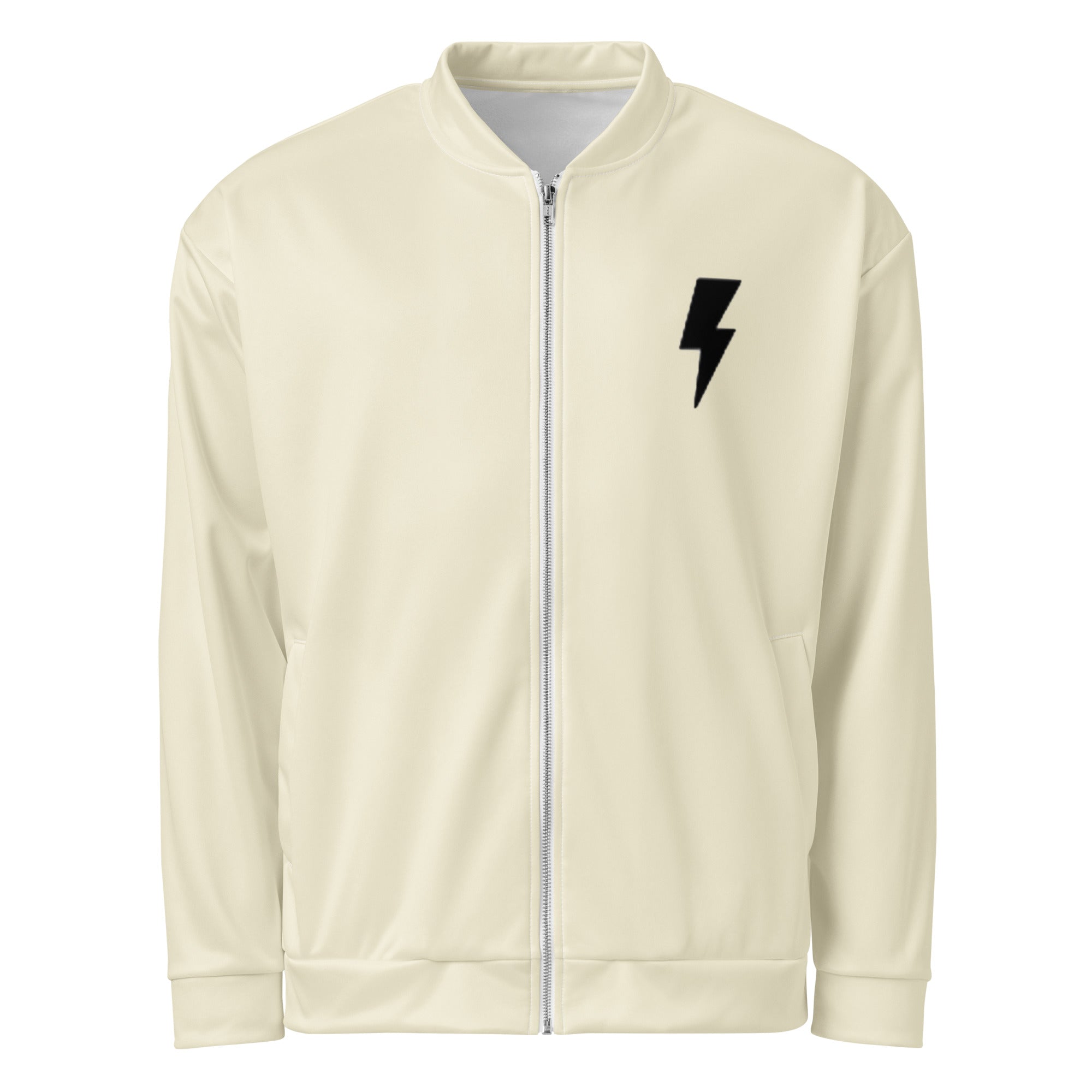 Modern minimalist bomber jacket with bold branding and lightning bolt detail
