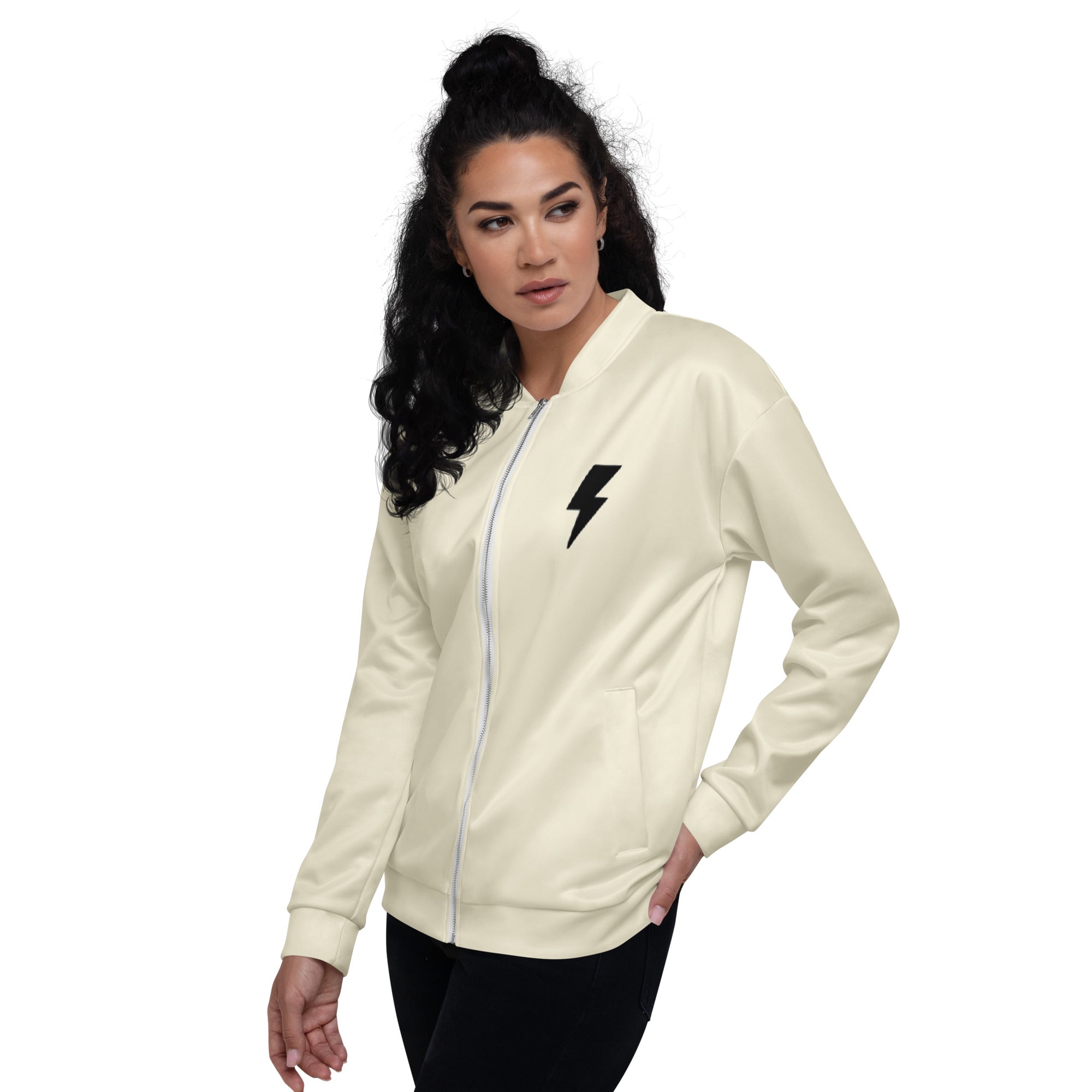 Black unisex bomber jacket with EXUBERANT logo and sleek streetwear design
