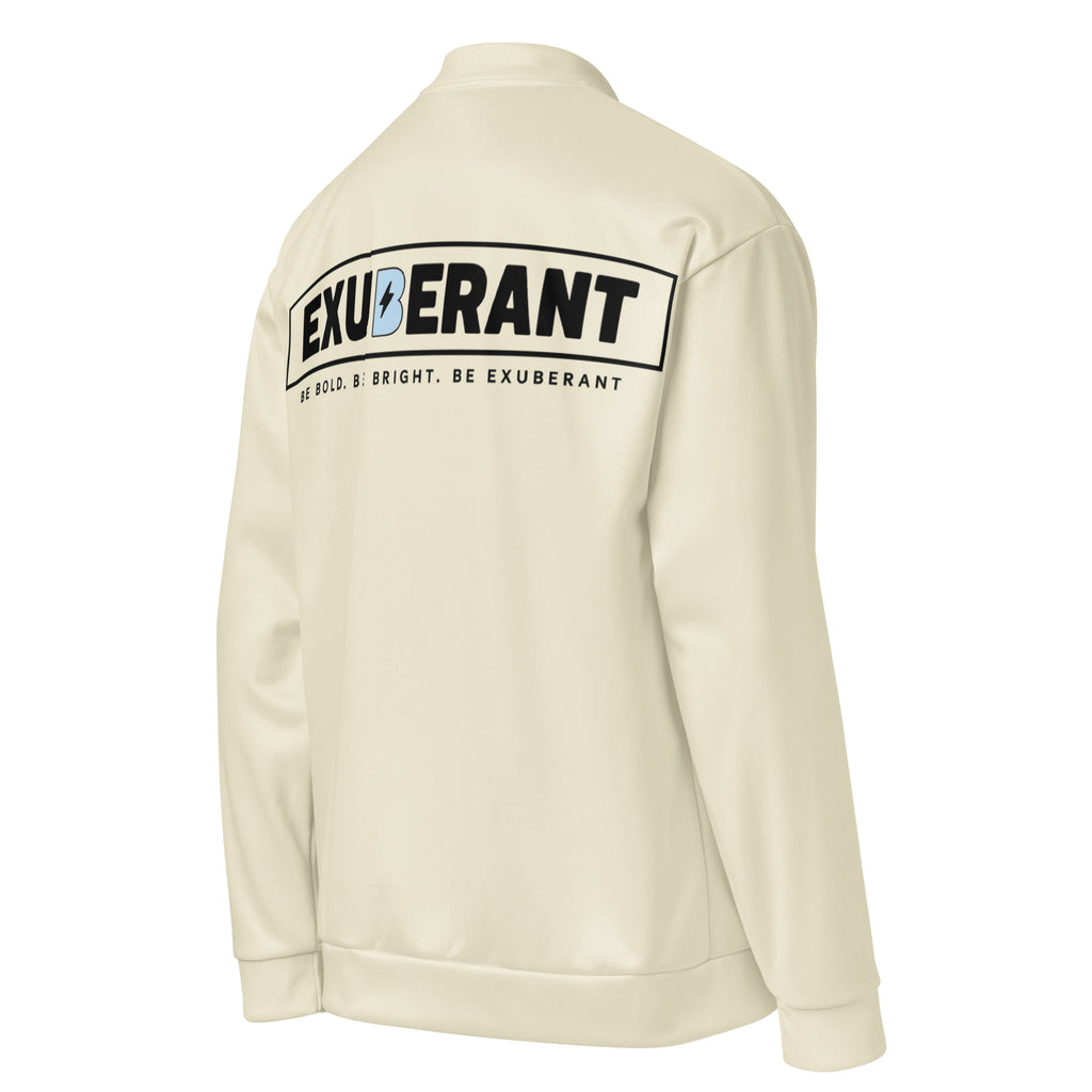 EXUBERANT black logo bomber — unisex, durable, and fade-resistant
