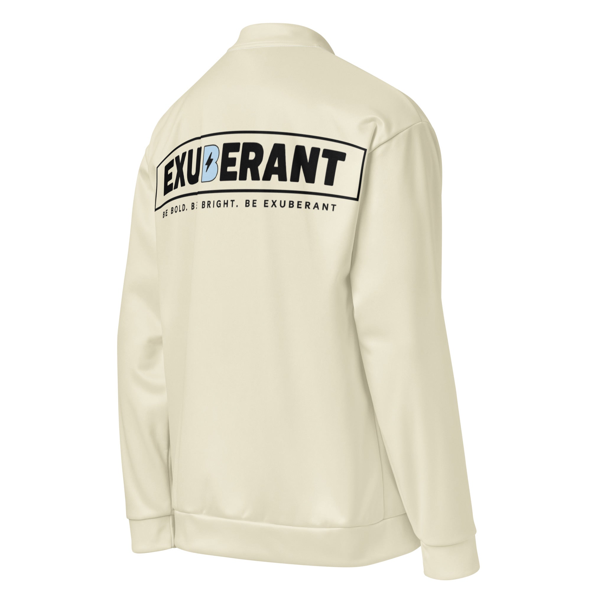 EXUBERANT black logo bomber — unisex, durable, and fade-resistant
