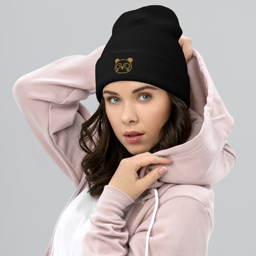 Close-up of EXUBERANT Panda Beanie – cute unisex knit hat with panda-inspired design, 100% acrylic, winter fashion accessory
