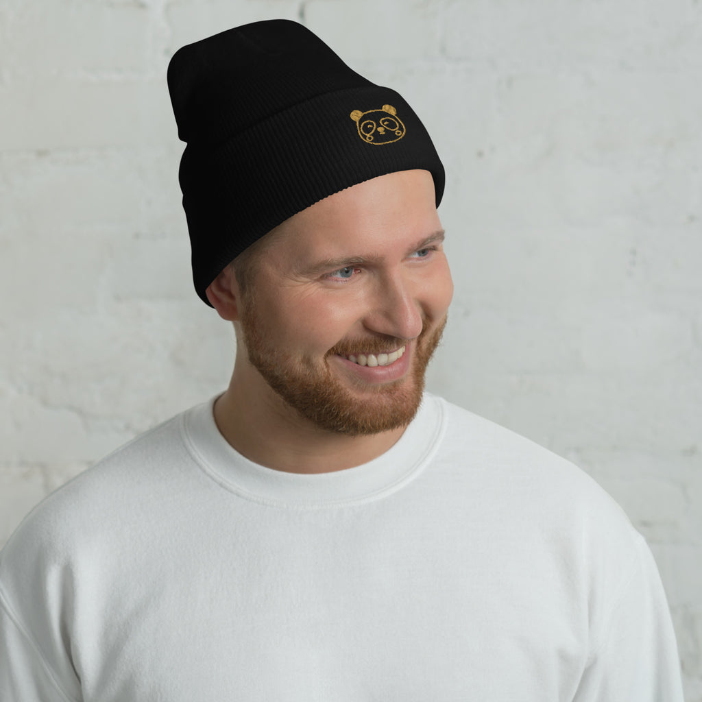 Cozy panda beanie for men and women – black and white knit winter hat with soft acrylic material, streetwear style
