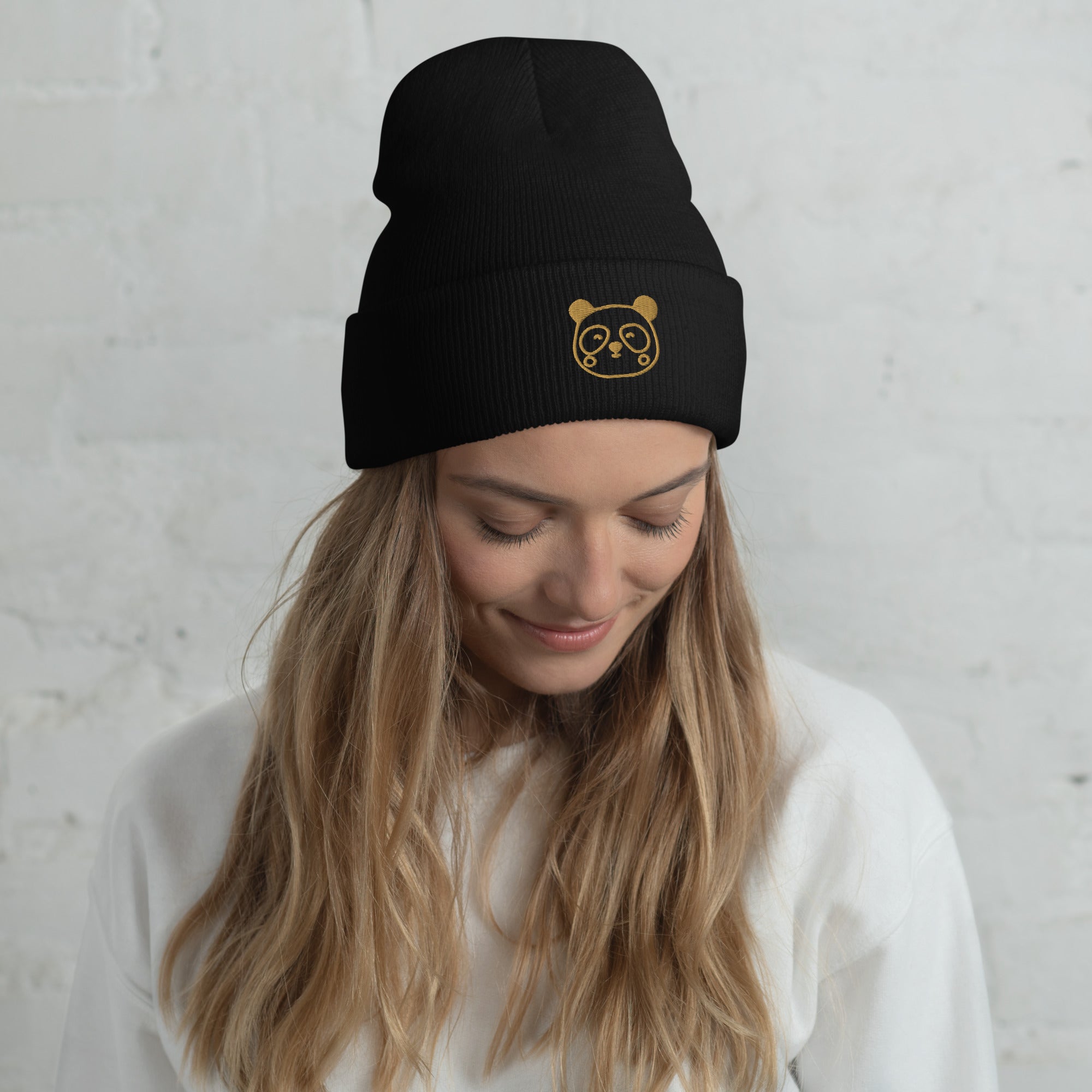 EXUBERANT Panda Beanie on display – stylish winter headwear with adorable panda theme, 12-inch length
