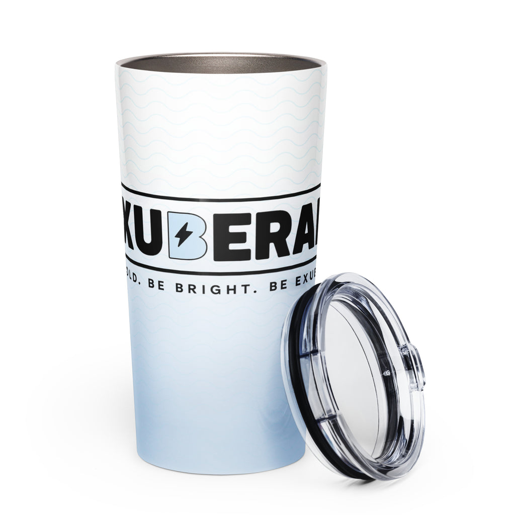 20 oz tapered stainless steel tumbler with glossy finish and spill-resistant lid
