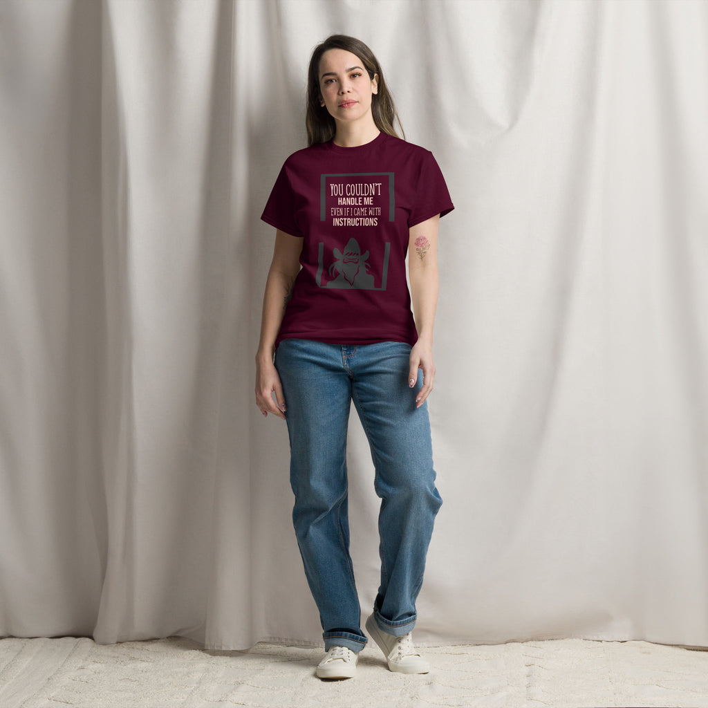 EXUBERANT unisex cotton tee with funny quote “You couldn’t handle me even with instructions”
