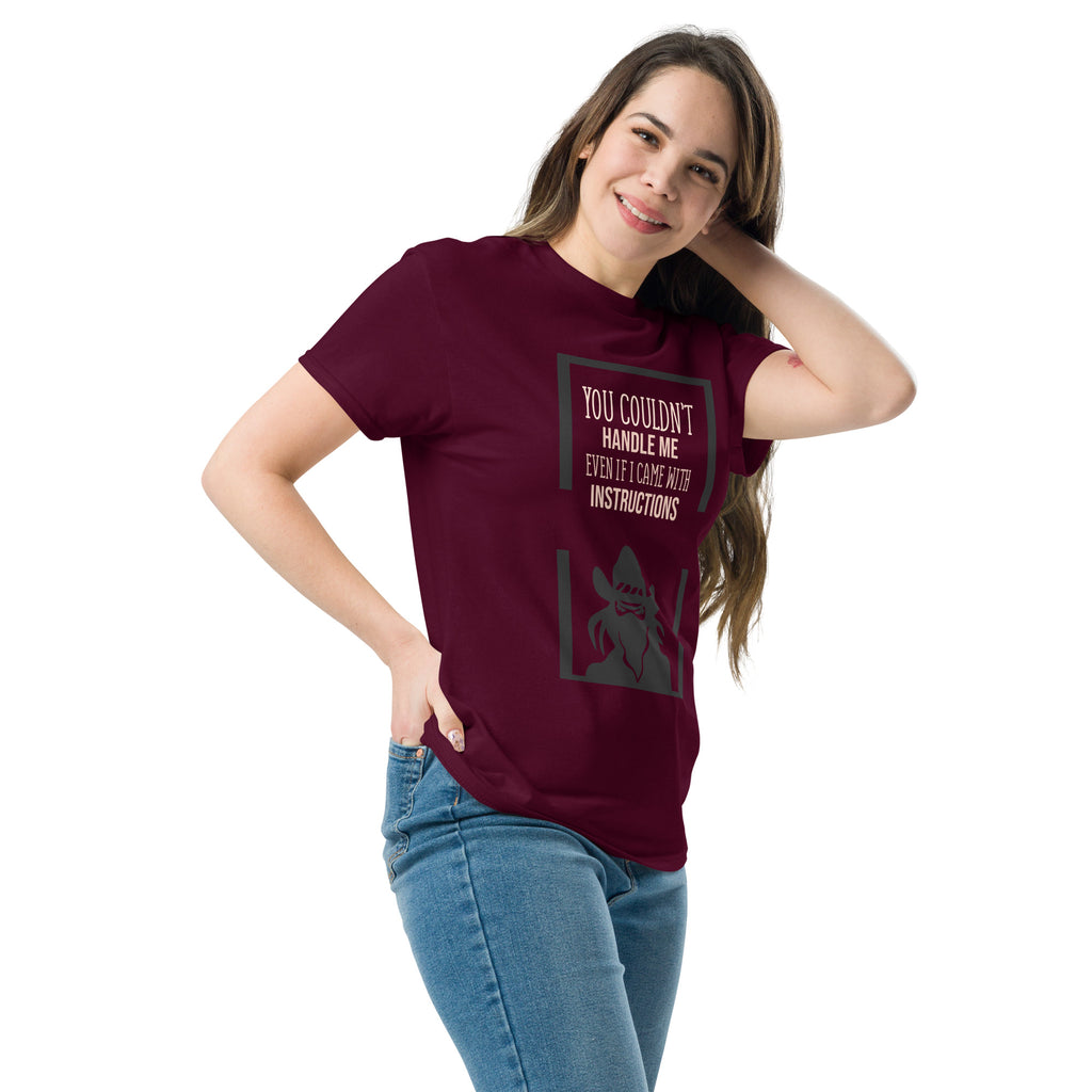Black unisex graphic tee with witty printed text and structured silhouette
